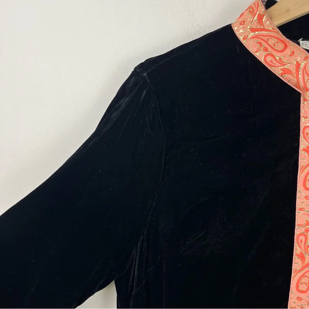 Vtg 60s G. Fox & CO‎ Lounge Wear Caftan Robe Black Orange Gold Velour Zip Sz S/M